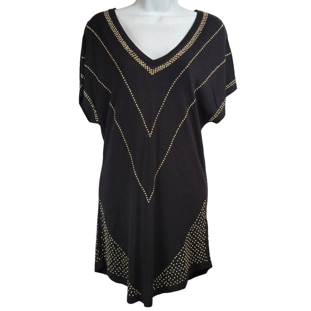 SPaNNER Black Gold Studded V Neck Short Sleeve Rayon Tunic Top M New With Tags